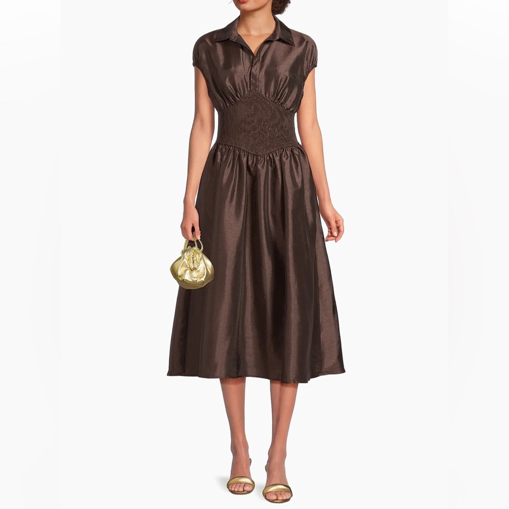 $352 NWOT Hutch “Trevy” Cap Sleeve Smocked Midi Dress in Brown Sz Medium
